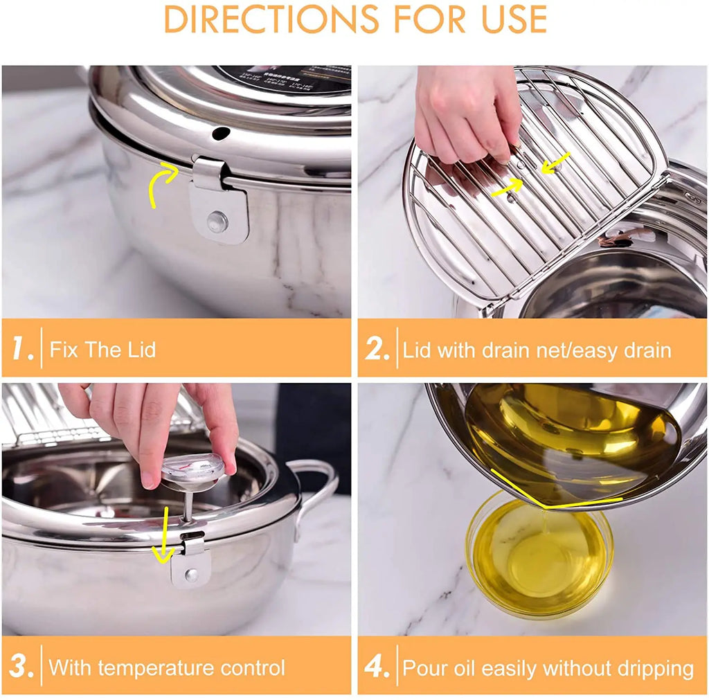 CrispCraft Stainless Steel Deep Frying Pot With Thermometer And Lid For Tempura