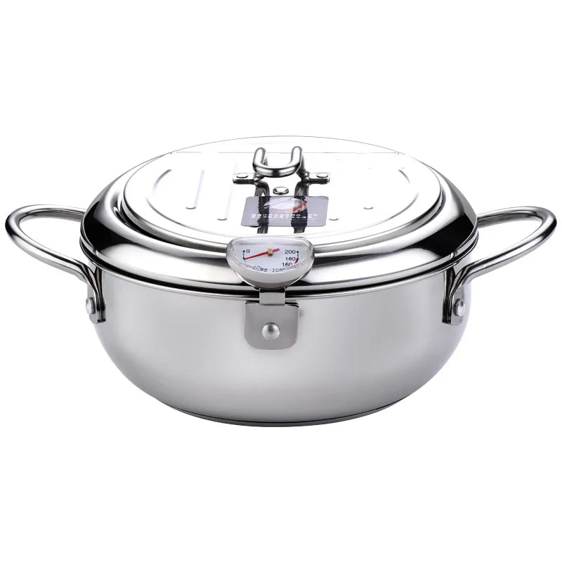 CrispCraft Stainless Steel Deep Frying Pot With Thermometer And Lid For Tempura