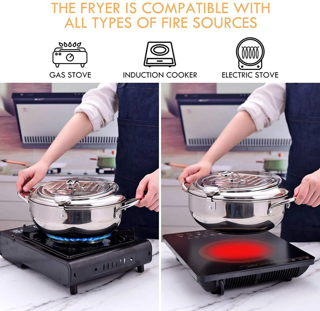 CrispCraft Stainless Steel Deep Frying Pot With Thermometer And Lid For Tempura