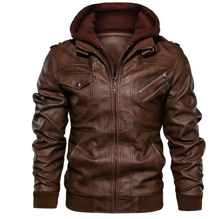 Herbst-Lederjacke für Herren mit abnehmbarem Kapuzen-Casual-Biker-Stil