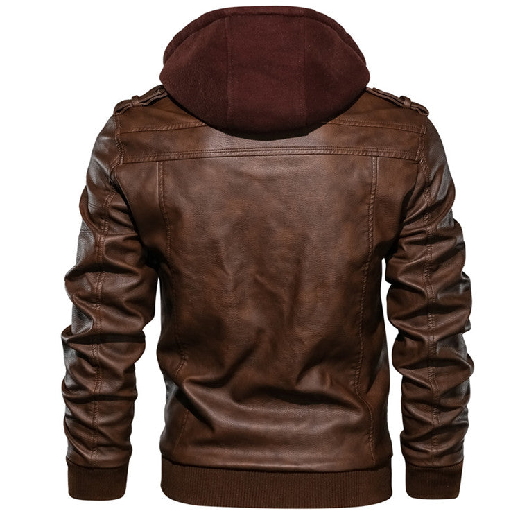 Herbst-Lederjacke für Herren mit abnehmbarem Kapuzen-Casual-Biker-Stil