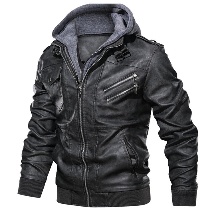 Herbst-Lederjacke für Herren mit abnehmbarem Kapuzen-Casual-Biker-Stil