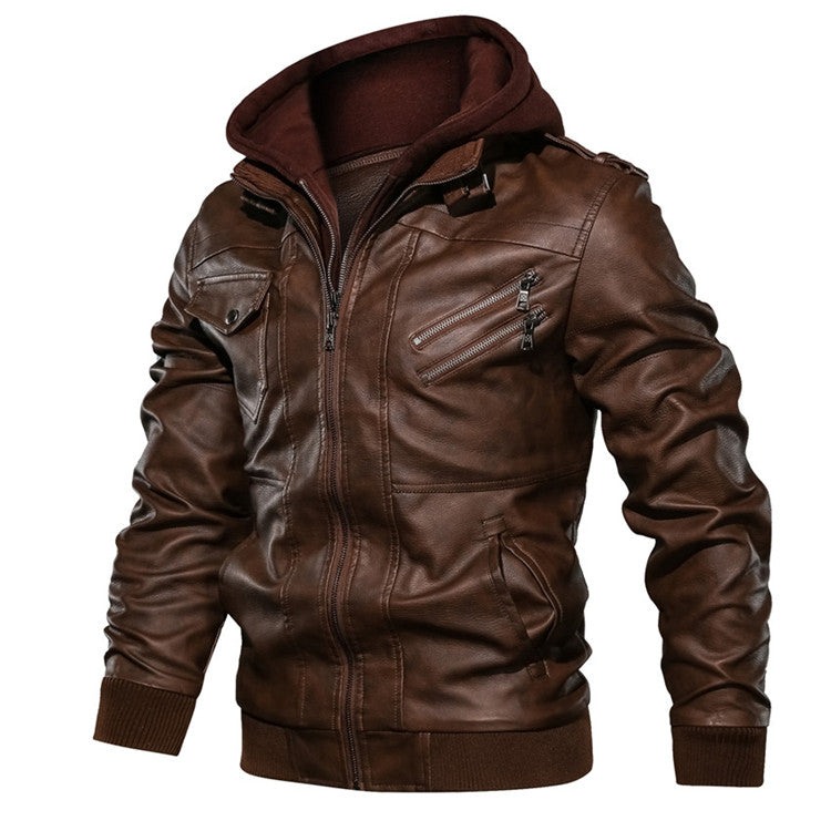 Herbst-Lederjacke für Herren mit abnehmbarem Kapuzen-Casual-Biker-Stil