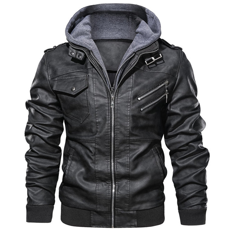 Herbst-Lederjacke für Herren mit abnehmbarem Kapuzen-Casual-Biker-Stil