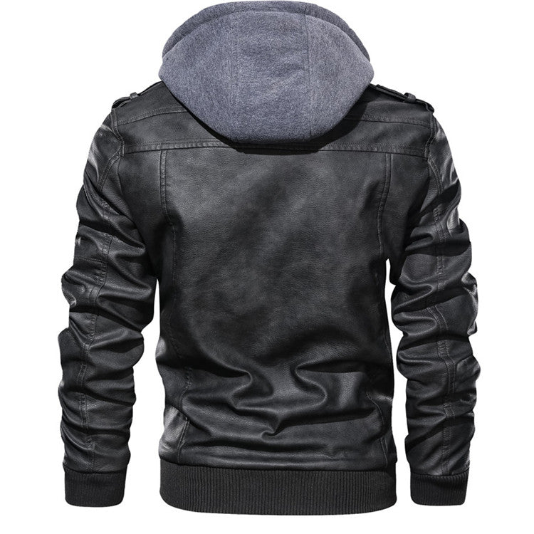 Herbst-Lederjacke für Herren mit abnehmbarem Kapuzen-Casual-Biker-Stil