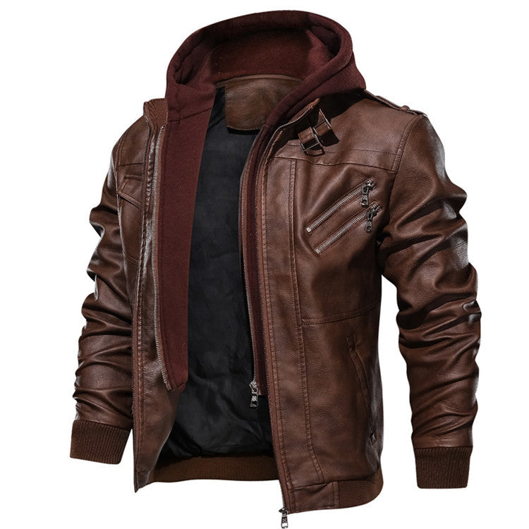 Herbst-Lederjacke für Herren mit abnehmbarem Kapuzen-Casual-Biker-Stil
