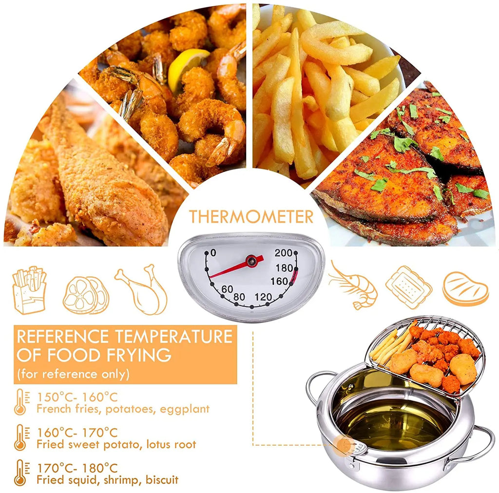 CrispCraft Stainless Steel Deep Frying Pot With Thermometer And Lid For Tempura