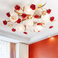 Aurea Rosette Guldloftlampe med Rød Glasrose Accent