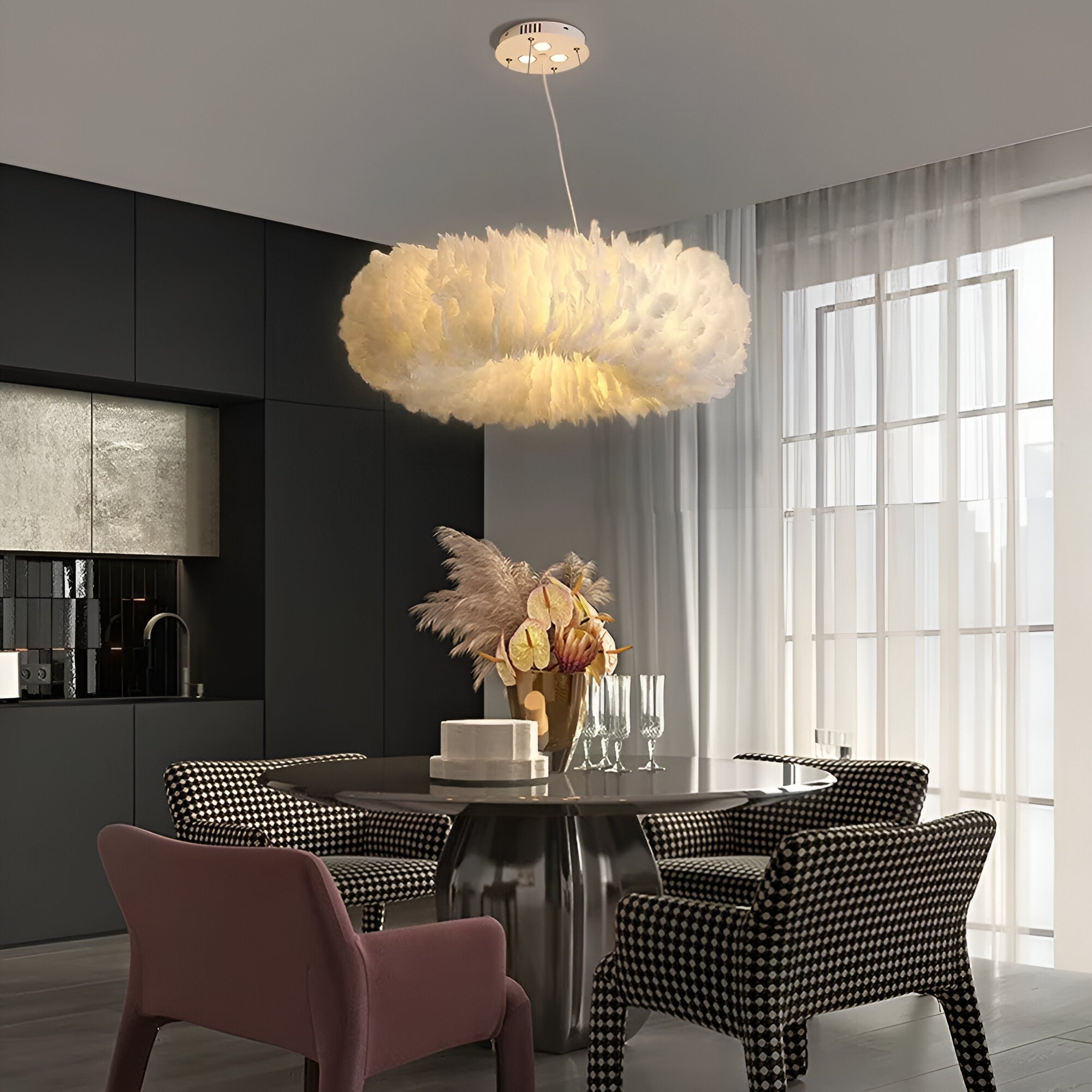 Cresora | White Circular Feather Pendant Light For Elegant Rooms