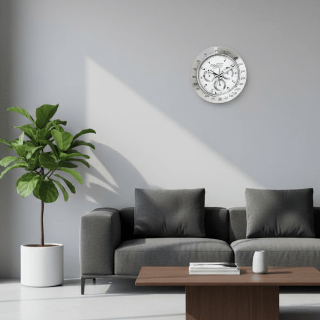 AuroraTime stille Wohnzimmer-Wanduhr mit leuchtenden Zeigern