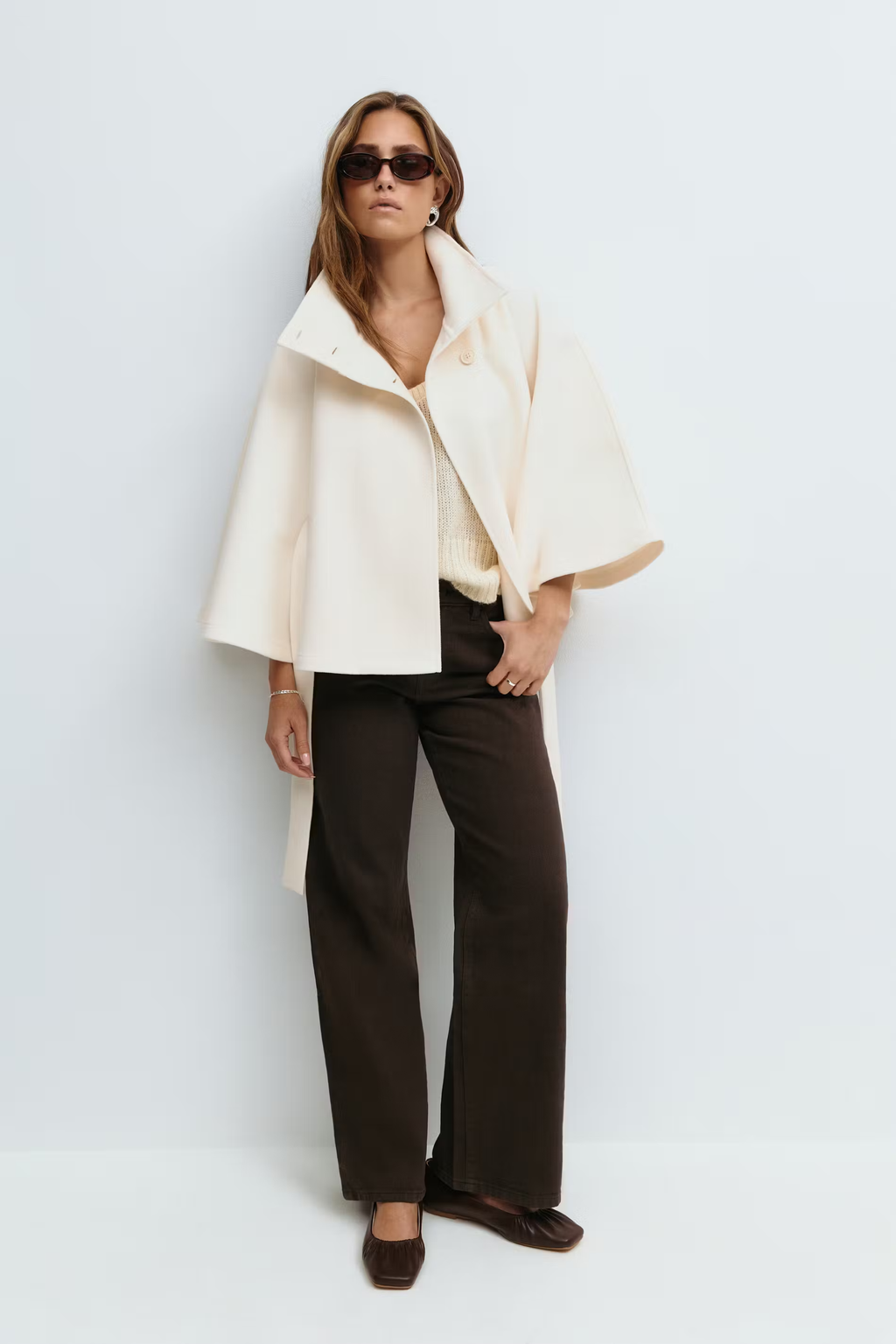 Women's Cape Coat With High Collar And Button Front