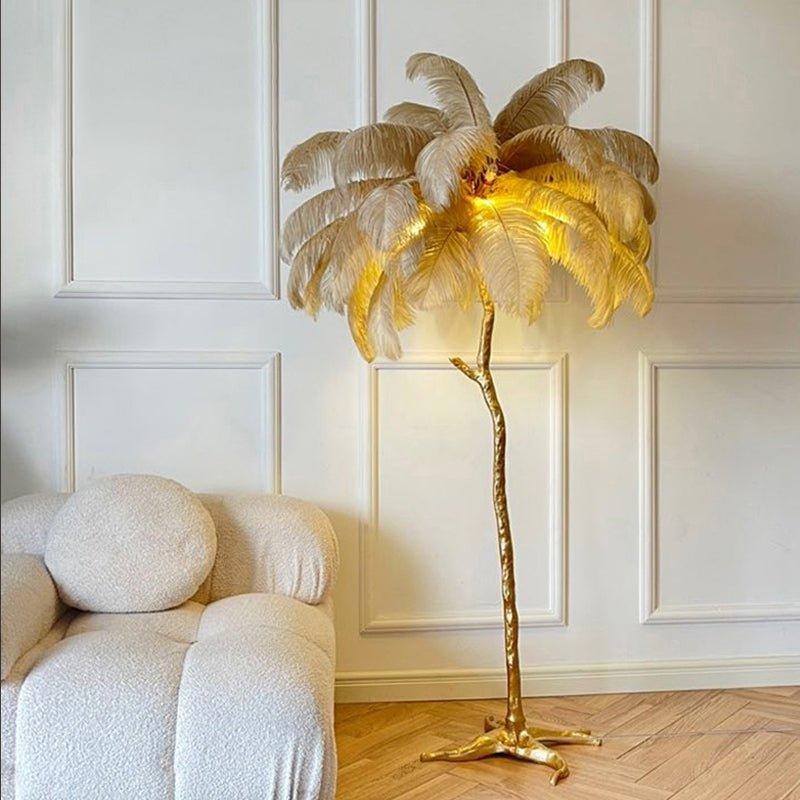 LyraFeather Floor Lamp With Feather Shade And Copper Base