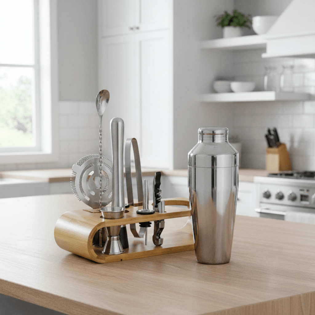 PulseMix 10 Edelstahl-Cocktailshaker-Set mit 10 wichtigen Barwerkzeugen und Ständer