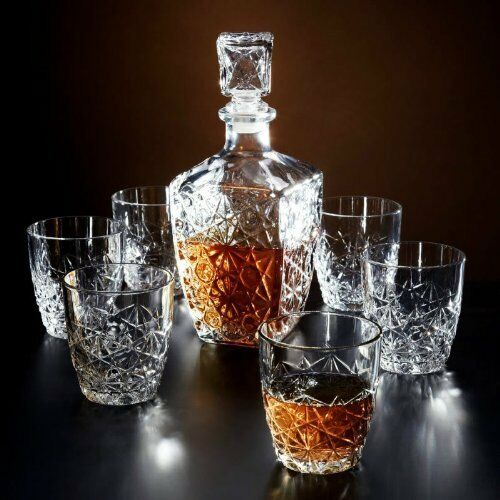 Set Decanter per Whiskey in Cristallo con Bicchieri a Taglio Diamante, 7 Pezzi