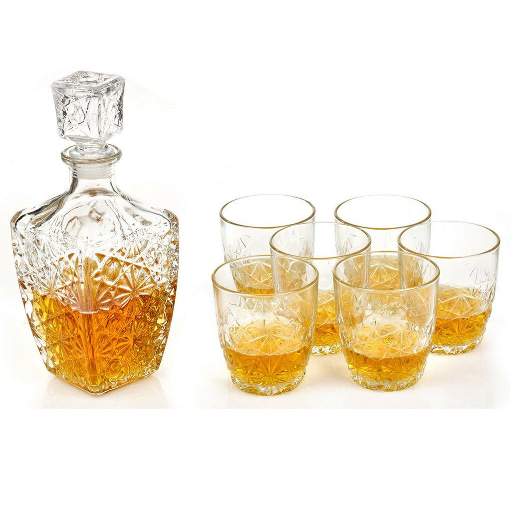 Set Decanter per Whiskey in Cristallo con Bicchieri a Taglio Diamante, 7 Pezzi