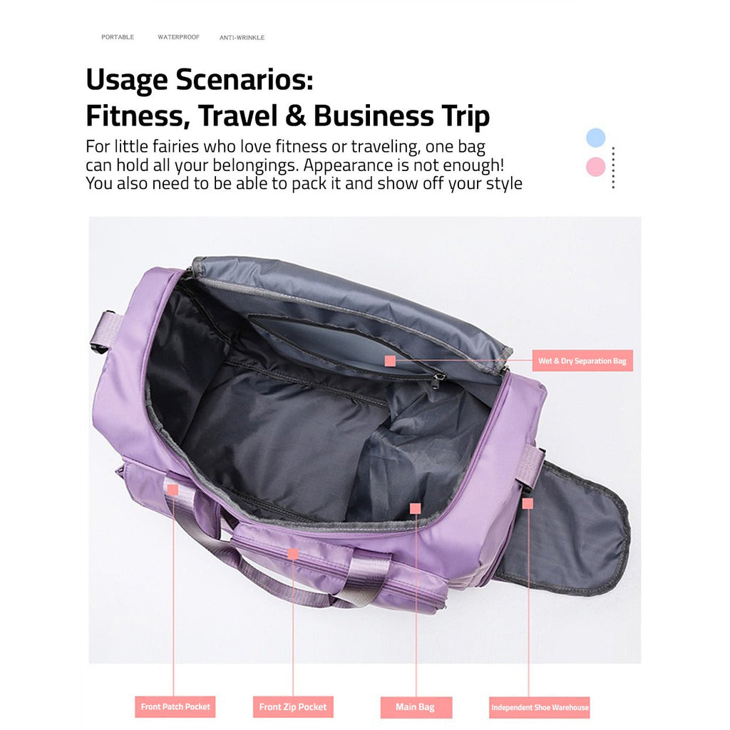 Reseduffel med flera fickor för sport och gym samt separat skofack