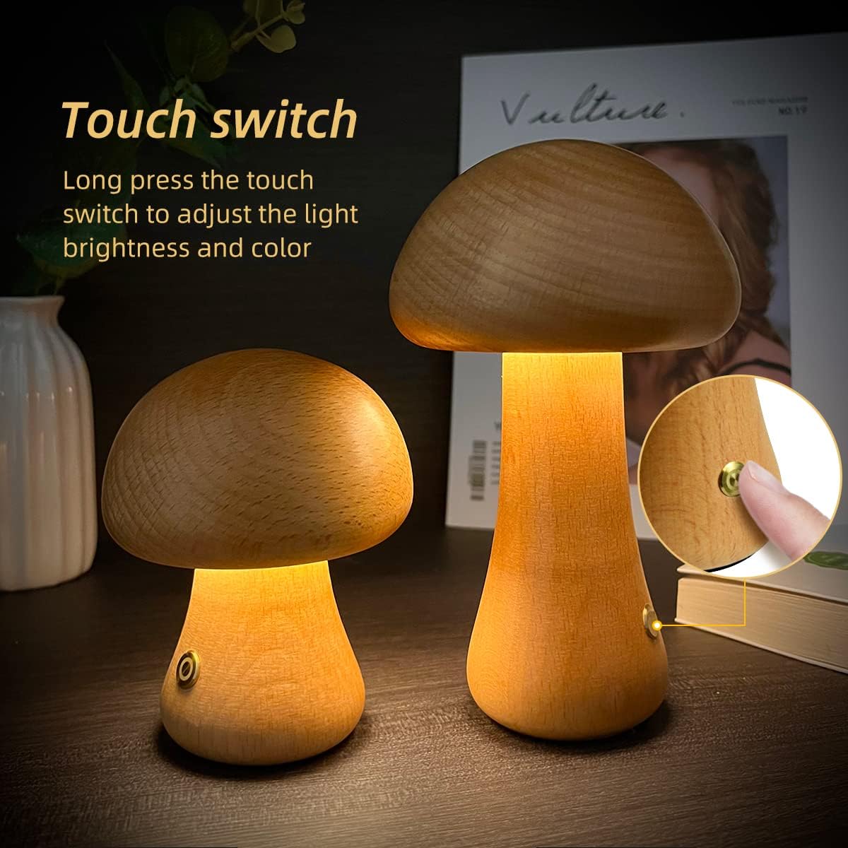 چراغ خواب LED چوبی قارچ لومافولک با کلید لمسی