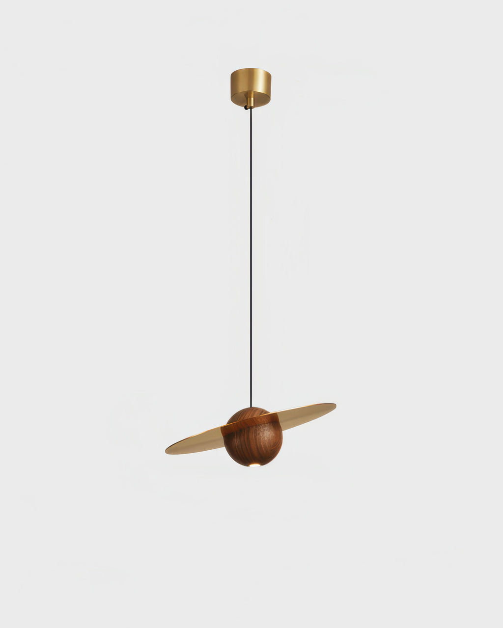 Marinor walnoot- en messing hanglamp in vliegende schotelvorm met mid-century modern silhouet