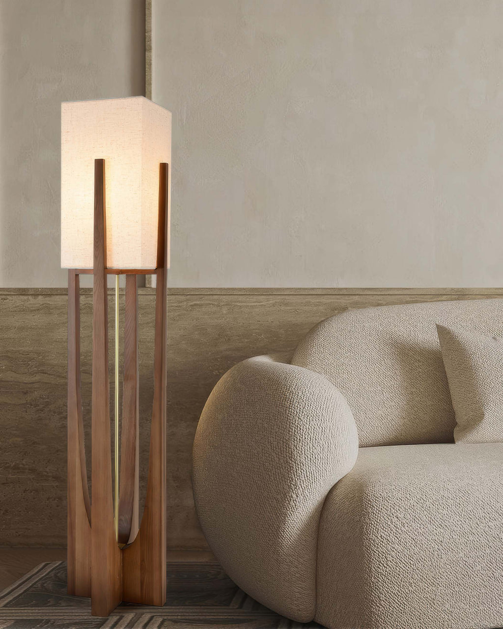 Stojací lampa Kairo Seto z ořechového dřeva japonského stylu s mosaznými detaily, minimalistická
