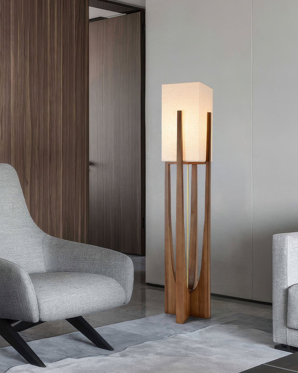 Stojací lampa Kairo Seto z ořechového dřeva japonského stylu s mosaznými detaily, minimalistická