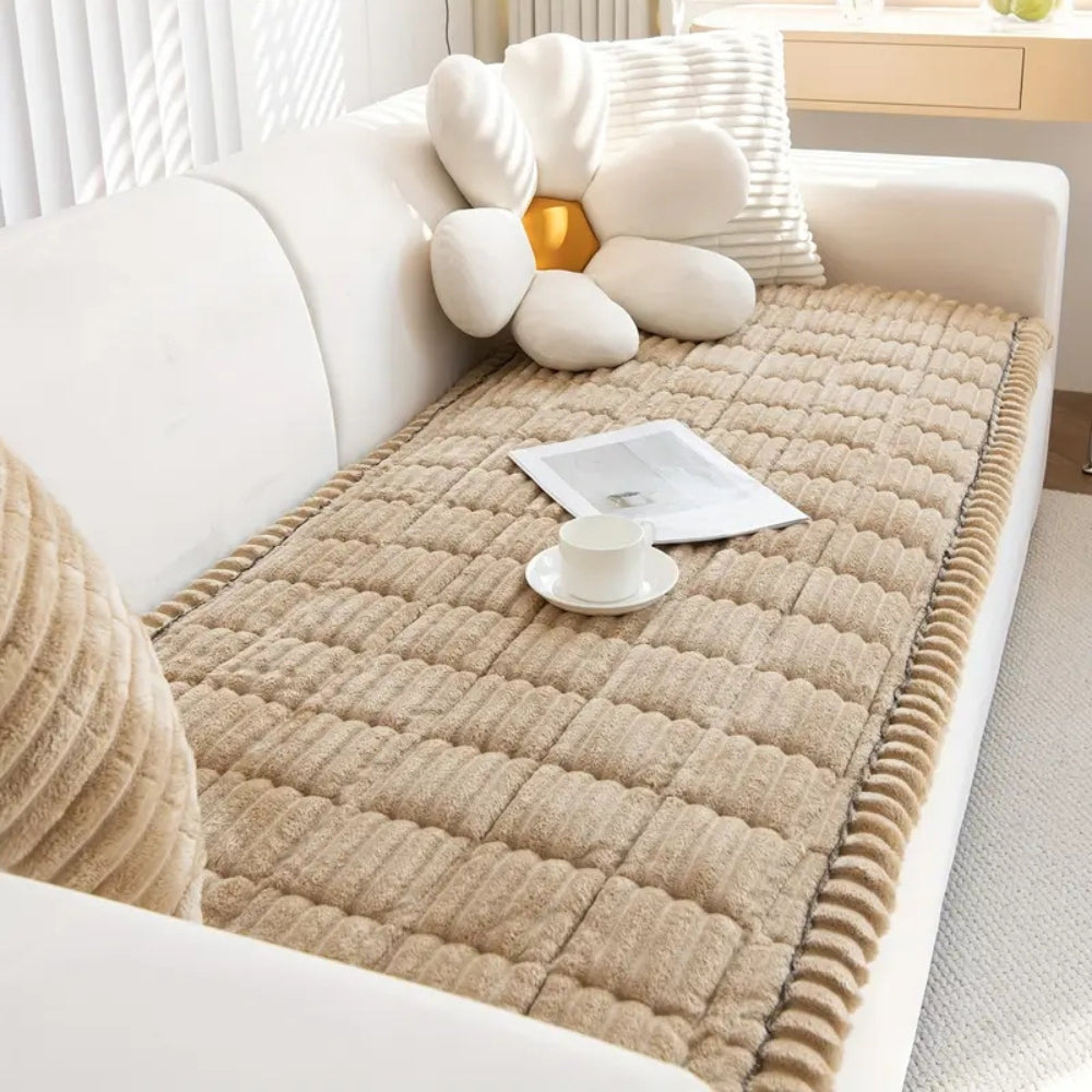 Plush Pleated Sofa Cover With Non Slip Flannel Protector Machine Washable