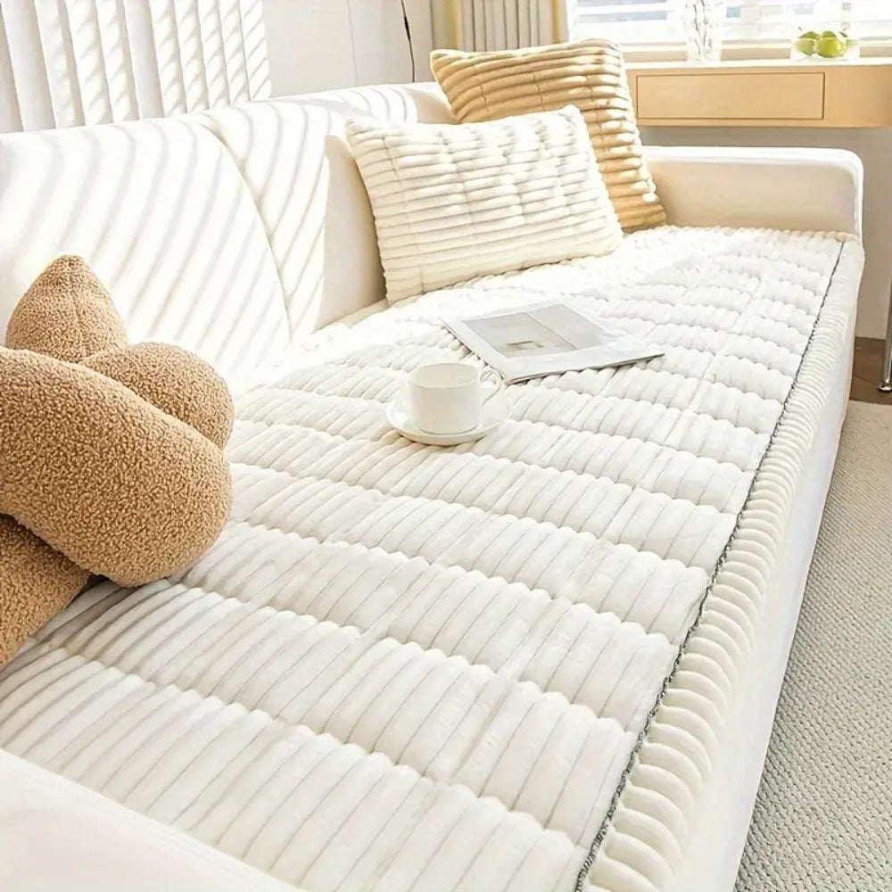 Plush Pleated Sofa Cover With Non Slip Flannel Protector Machine Washable