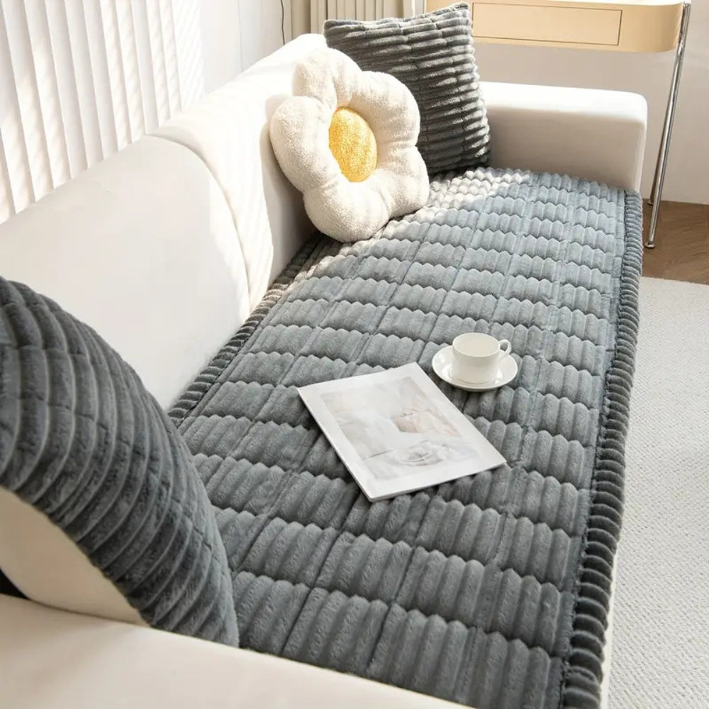 Plush Pleated Sofa Cover With Non Slip Flannel Protector Machine Washable