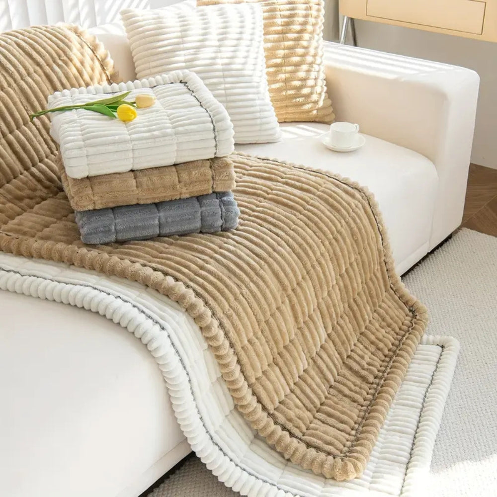 Plush Pleated Sofa Cover With Non Slip Flannel Protector Machine Washable