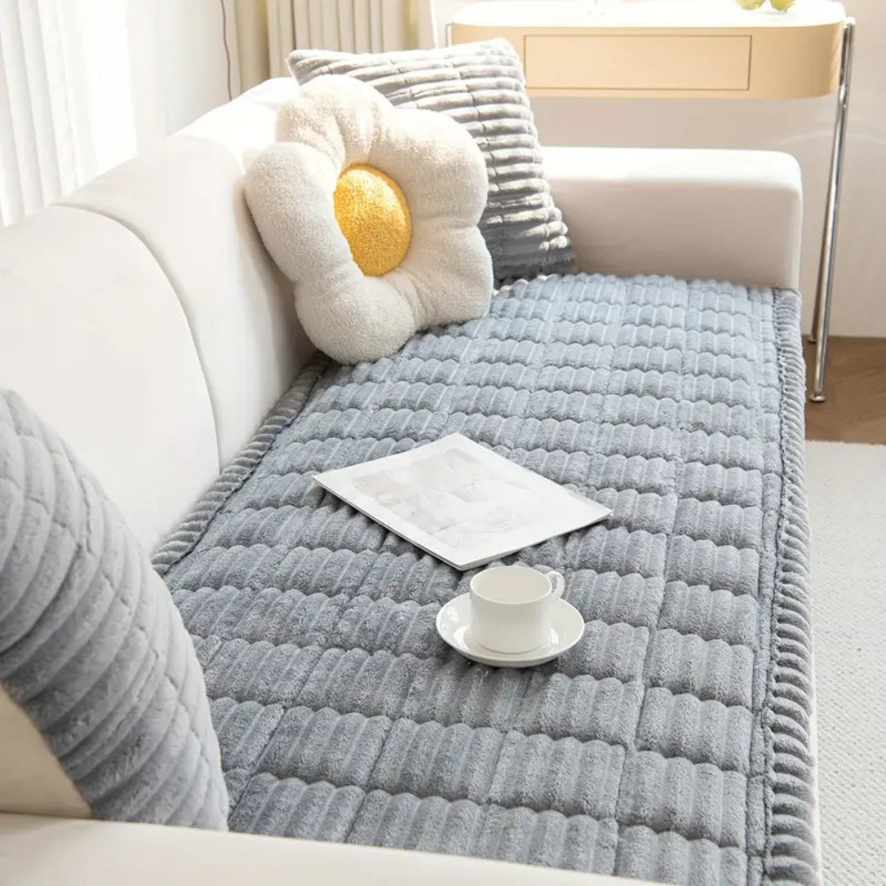 Plush Pleated Sofa Cover With Non Slip Flannel Protector Machine Washable