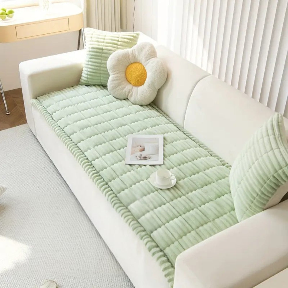 Plush Pleated Sofa Cover With Non Slip Flannel Protector Machine Washable