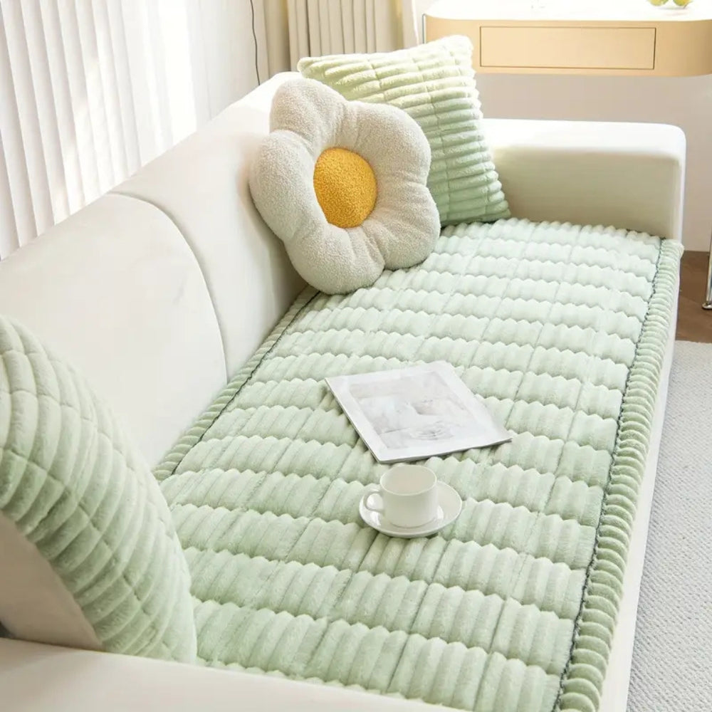 Plush Pleated Sofa Cover With Non Slip Flannel Protector Machine Washable