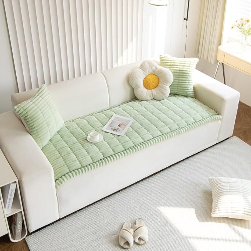 Plush Pleated Sofa Cover With Non Slip Flannel Protector Machine Washable