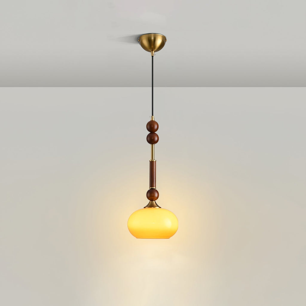 Valoria Roman Glass Brass LED Pendant Light with Wood Accent