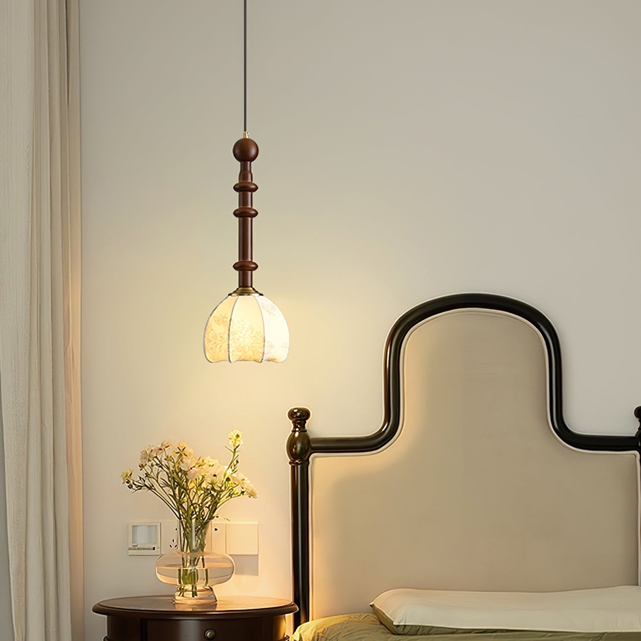 Valoria Roman Glass Brass LED Pendant Light with Wood Accent