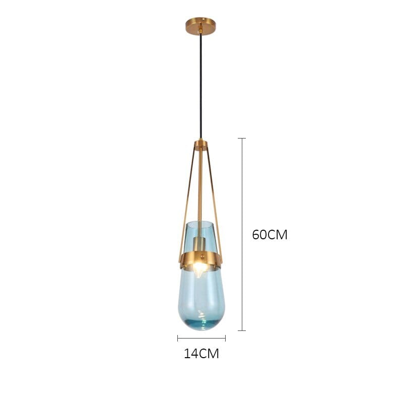 Závěsná skleněná lampa Caelara nebesky modrá s mosaznými doplňky
