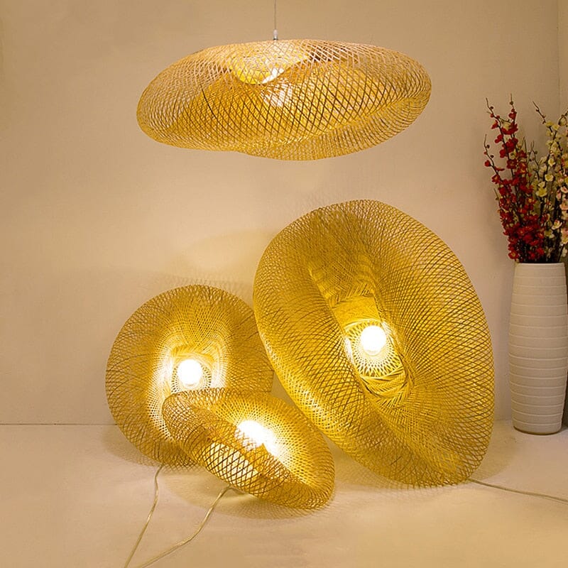 چراغ آویز بامبو اکوویو با سایه‌بندی دست‌بافت LED