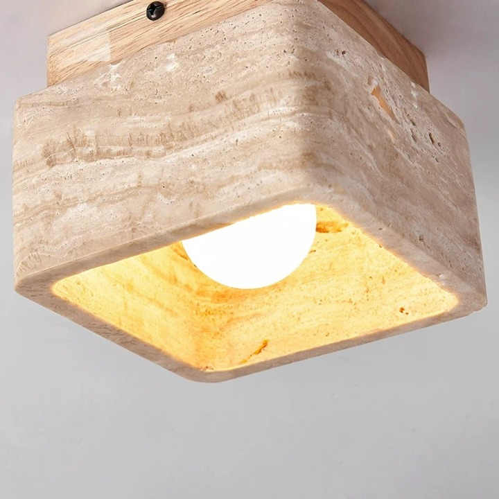 Kirrea čtvercová stropní lampa s LED osvětlením, vzhled dřeva a travertinu