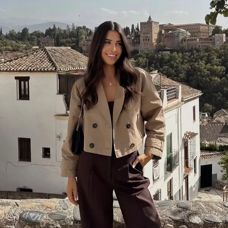 Aurora Vintage Double Breasted Short Trench Coat With Classic Turn Down Collar