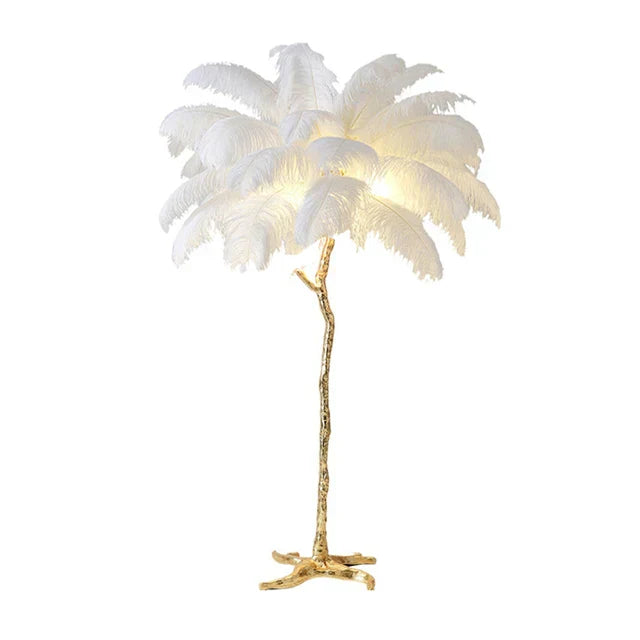 Lampada da terra Nyora con piume di struzzo, finitura in rame e 5 lampadine LED
