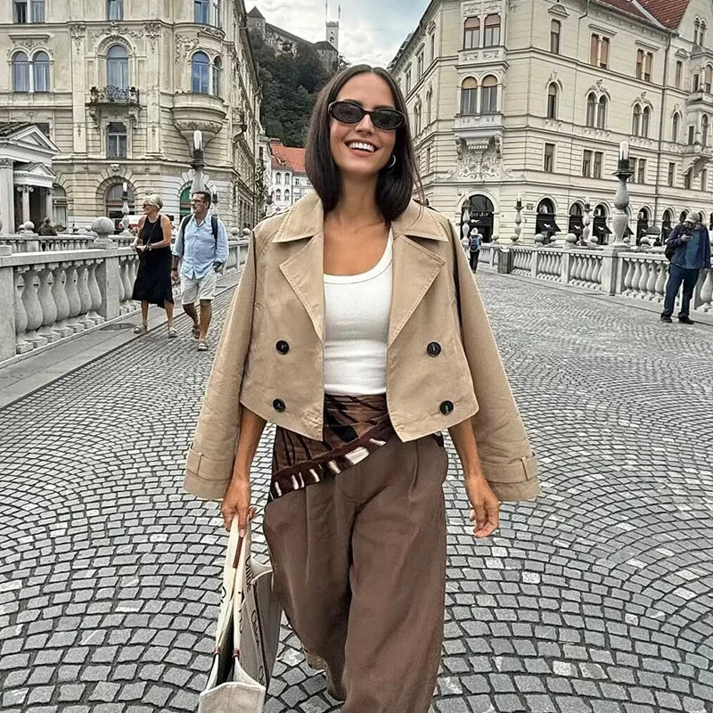 Aurora Vintage Double Breasted Short Trench Coat With Classic Turn Down Collar