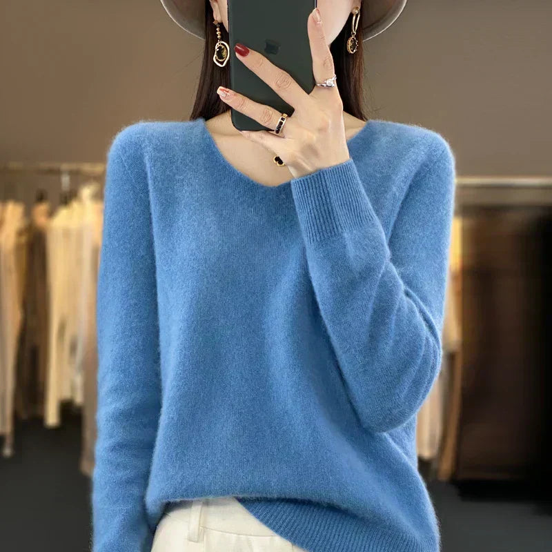 Aurelle Dámský svetr s výstřihem do V z 100% merino vlny, každodenní nezbytnost