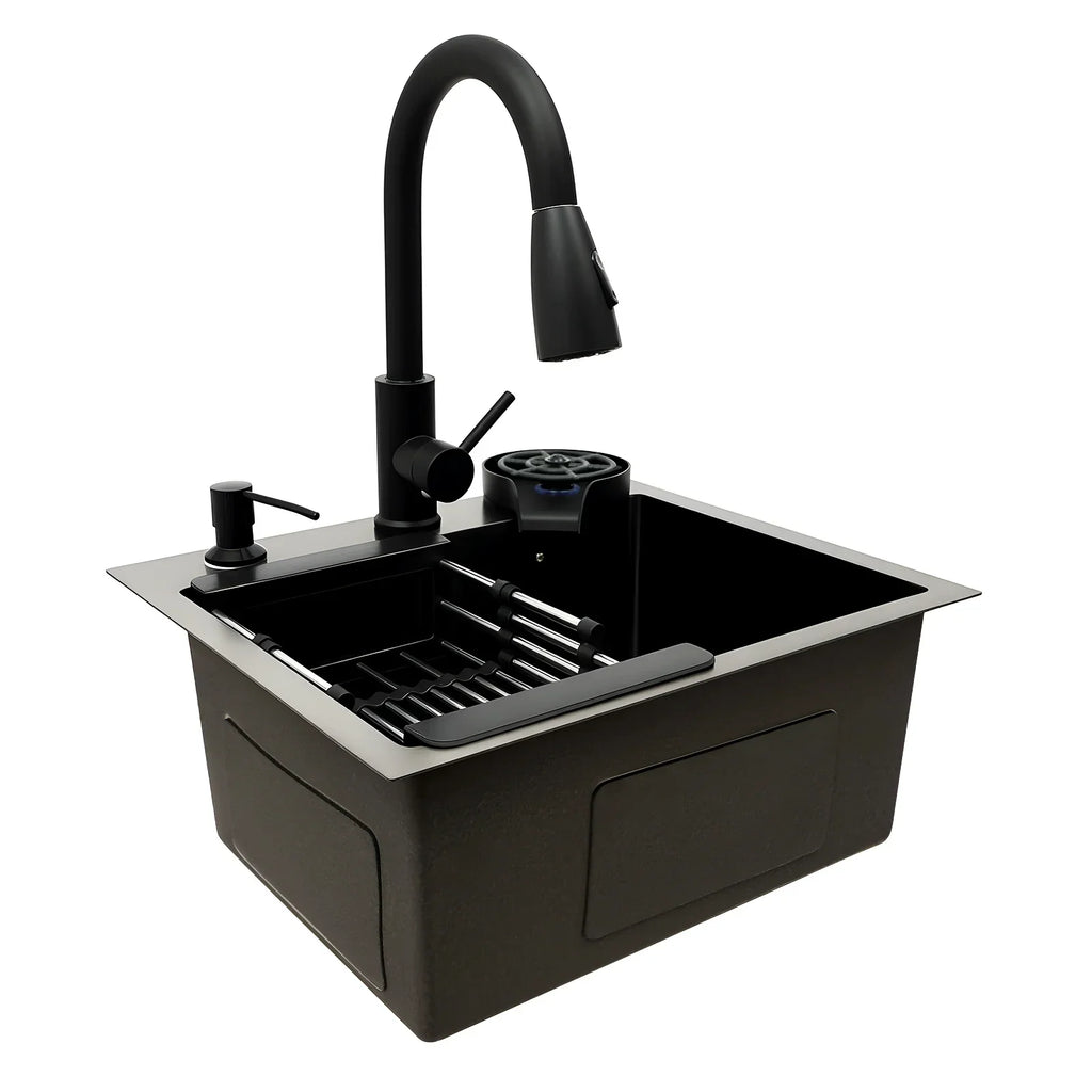 Lavello da Cucina in Acciaio Inox Nero NovaLine con Rubinetto Estraibile e Accessori Integrati