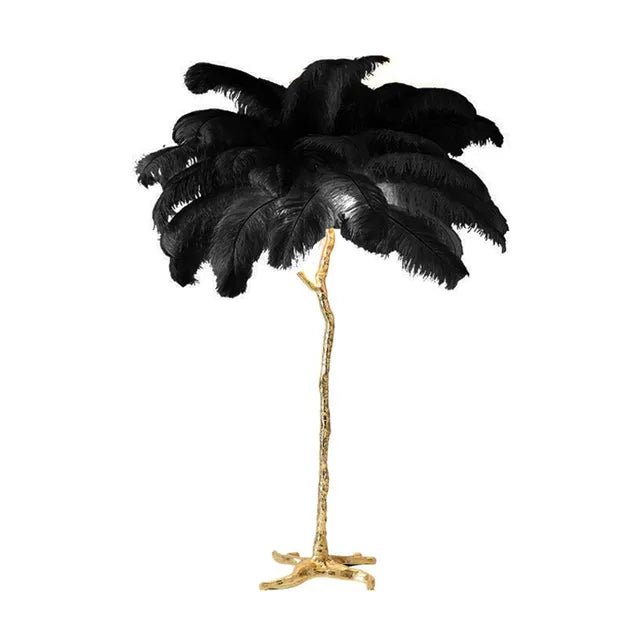 Lampada da terra Nyora con piume di struzzo, finitura in rame e 5 lampadine LED