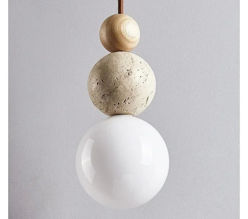 Lámpara colgante de piedra Wabi Sabi con esferas de madera lisa y piedra texturizada