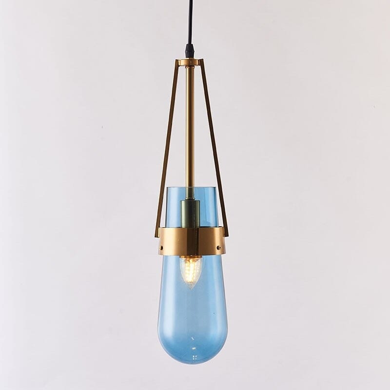 Závěsná skleněná lampa Caelara nebesky modrá s mosaznými doplňky