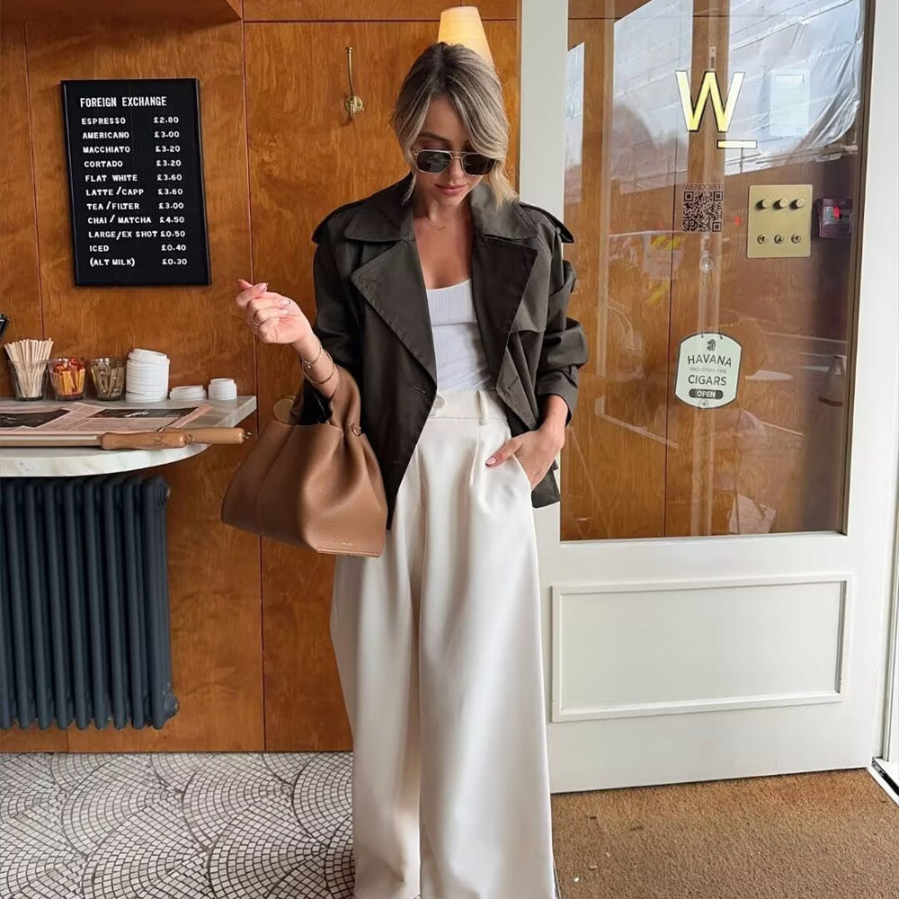 Aurora Vintage Double Breasted Short Trench Coat With Classic Turn Down Collar
