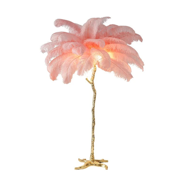 Lampada da terra Nyora con piume di struzzo, finitura in rame e 5 lampadine LED
