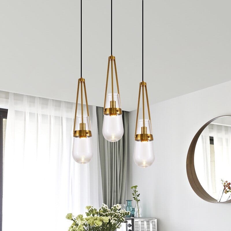 Závěsná skleněná lampa Caelara nebesky modrá s mosaznými doplňky