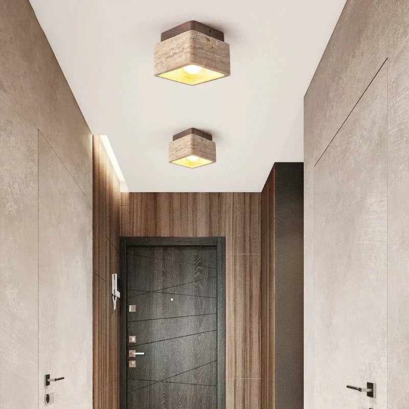 Kirrea čtvercová stropní lampa s LED osvětlením, vzhled dřeva a travertinu
