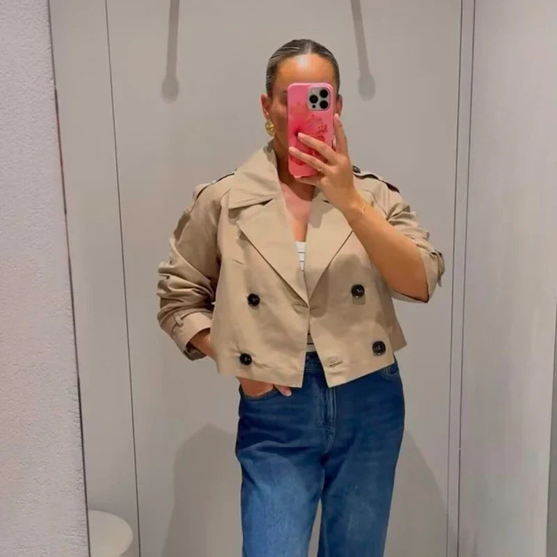 Aurora Vintage Double Breasted Short Trench Coat With Classic Turn Down Collar